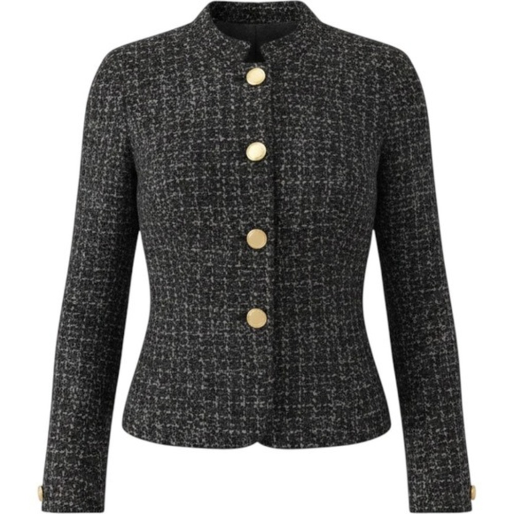 Adrienne Vittadini Black White Wool Blend Tweed Gold Button‎ Jacket Blazer 4